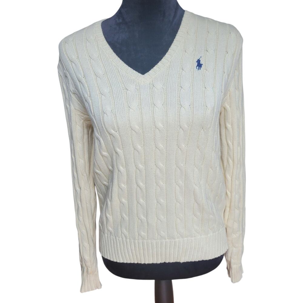 Polo Ralph Lauren Cable Knit V Neck Sweater Women's M Light Yellow
